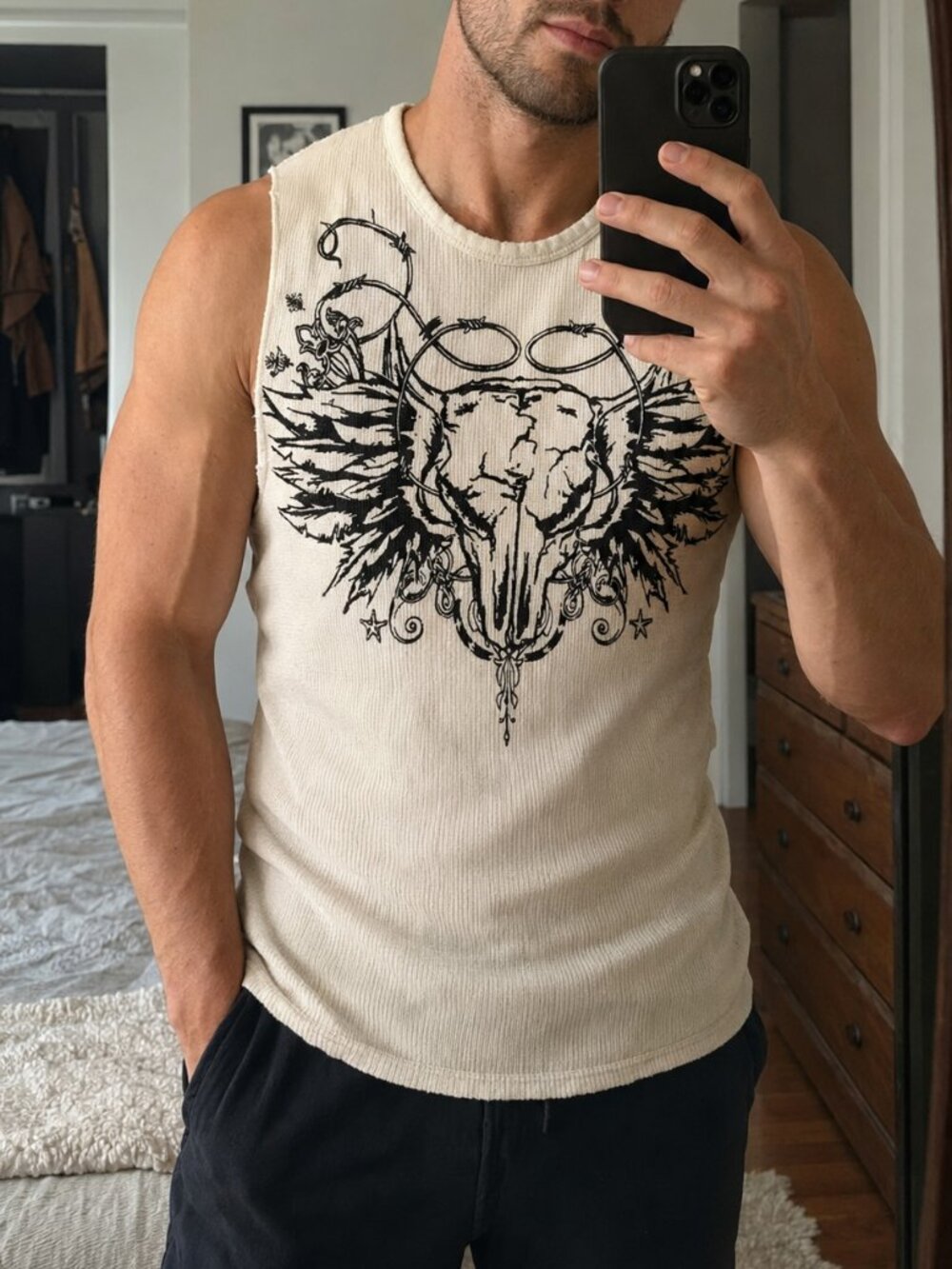 Anchor Blue Men’s Cow Skull Waffle vintage Y2K-era thermal muscle tank top, M